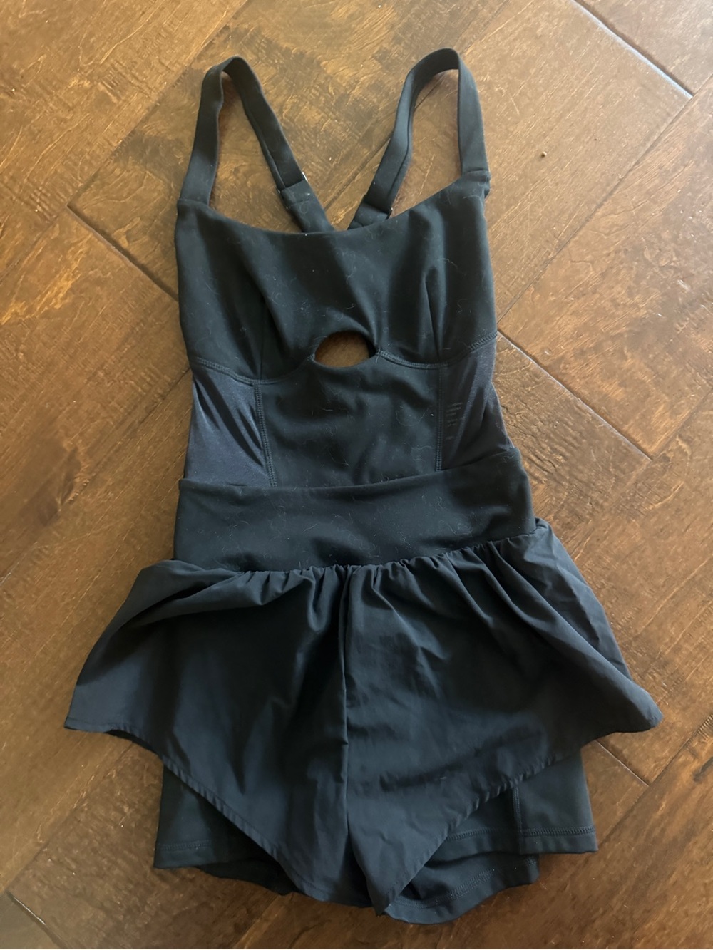 POPFLEX Black Skirted Athletic Bodysuit Shorts with keyhole and mesh